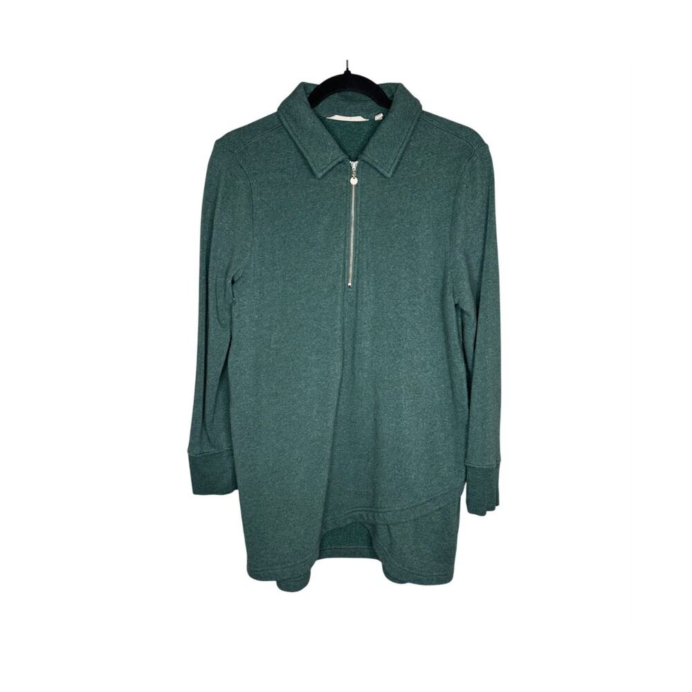 Soft Surroundings Top Womens M Green Fleece 1/4 Zip Calla Tunic Crisscross Hem